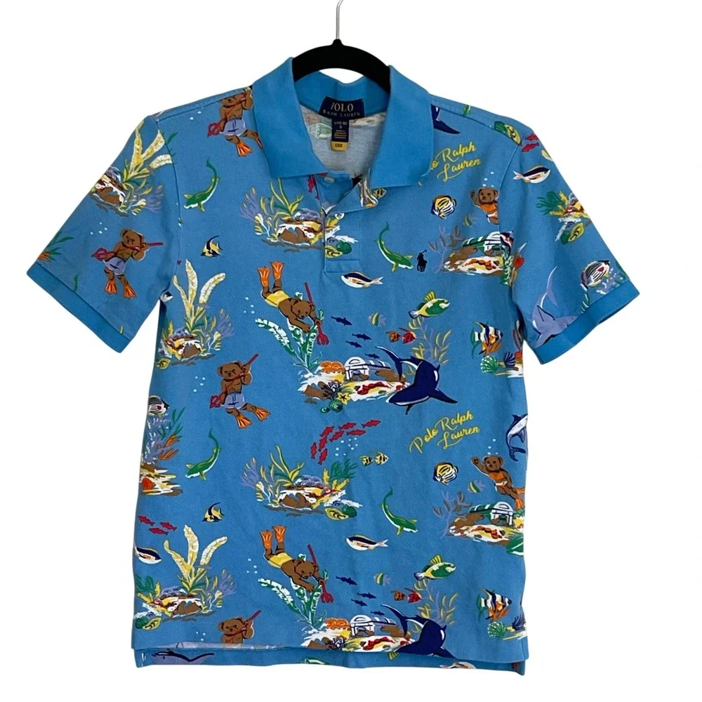 Polo‎ Ralph Lauren Boys Blue Underwater Polo Bear Shark Shirt Size L 14-16